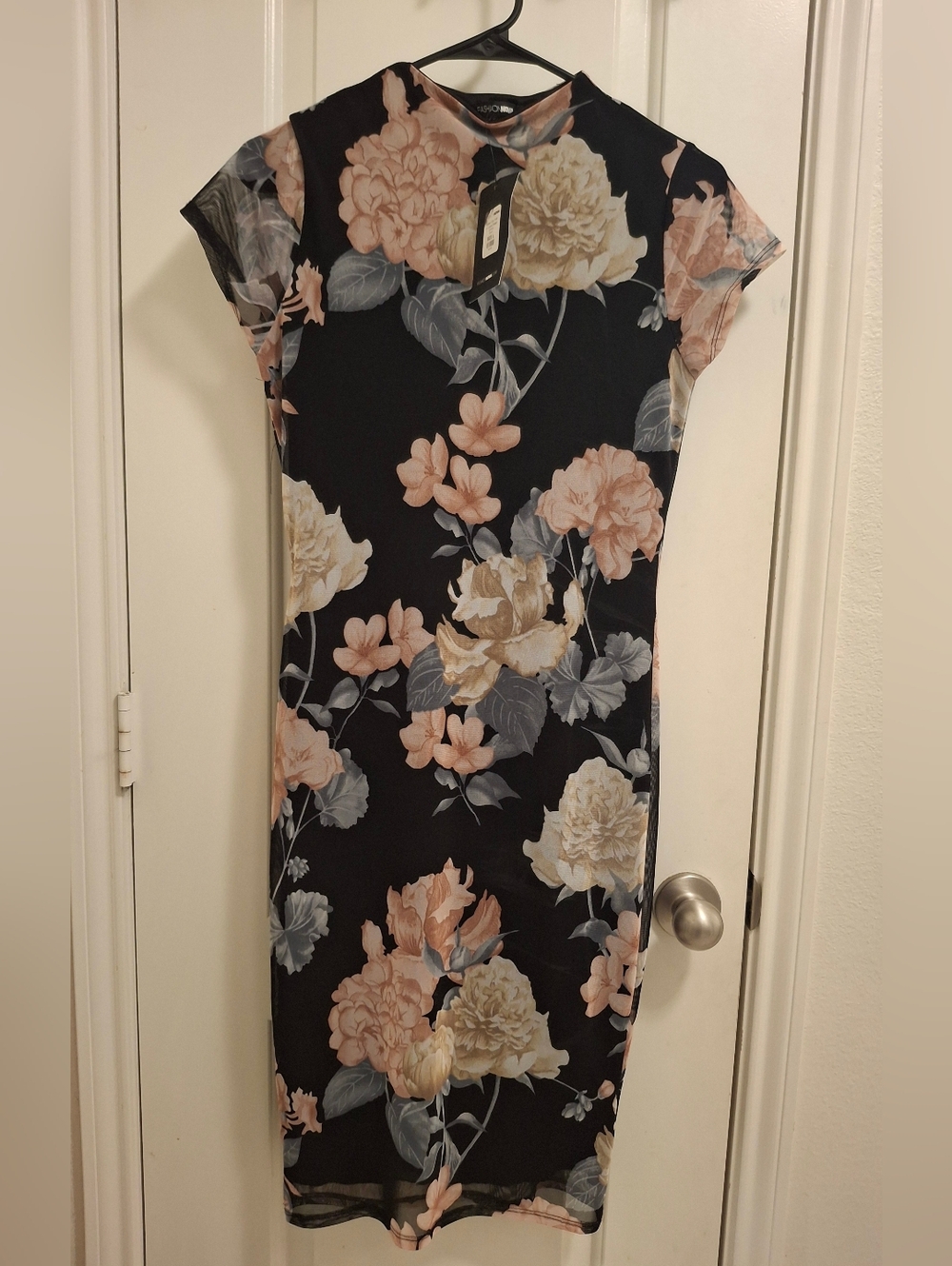 Fashion Nova Black Midi Dress with Blush & Cream Floral Print